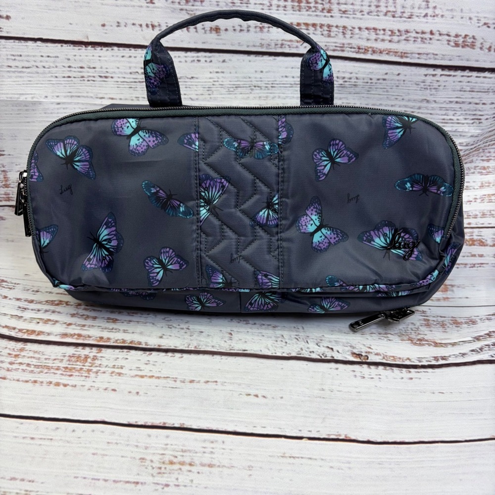 Lug Flatbed Slim Toiletry Cosmetic Case Butterfly Grey Quilted Travel Makeup Bag
